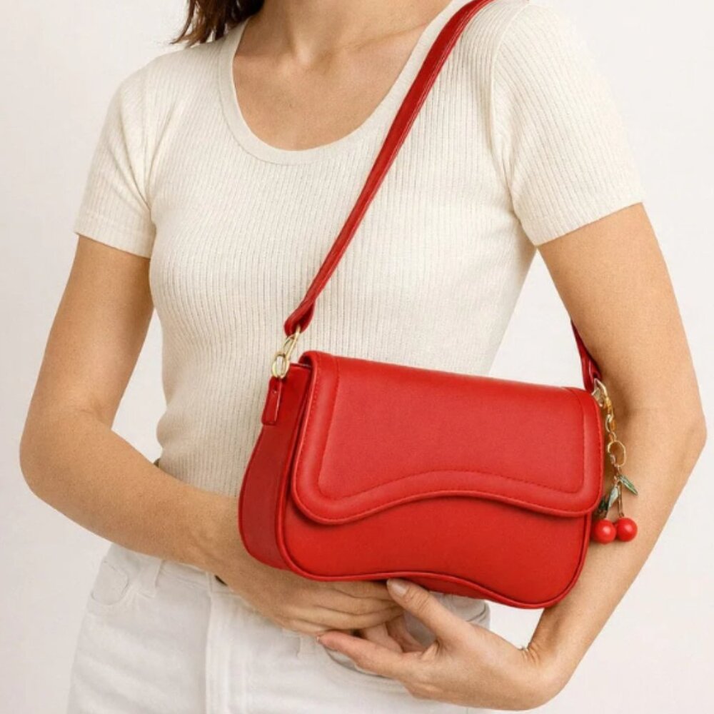 Red Emilie Baguette Shoulder Bag with Cherry Charm Trendy Mini Purse Gold NEW